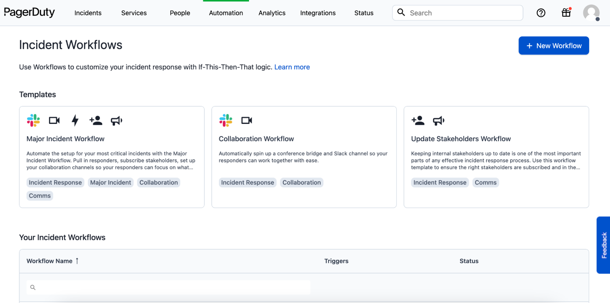 Screenshot showing choice of three Incident Workflow templates.