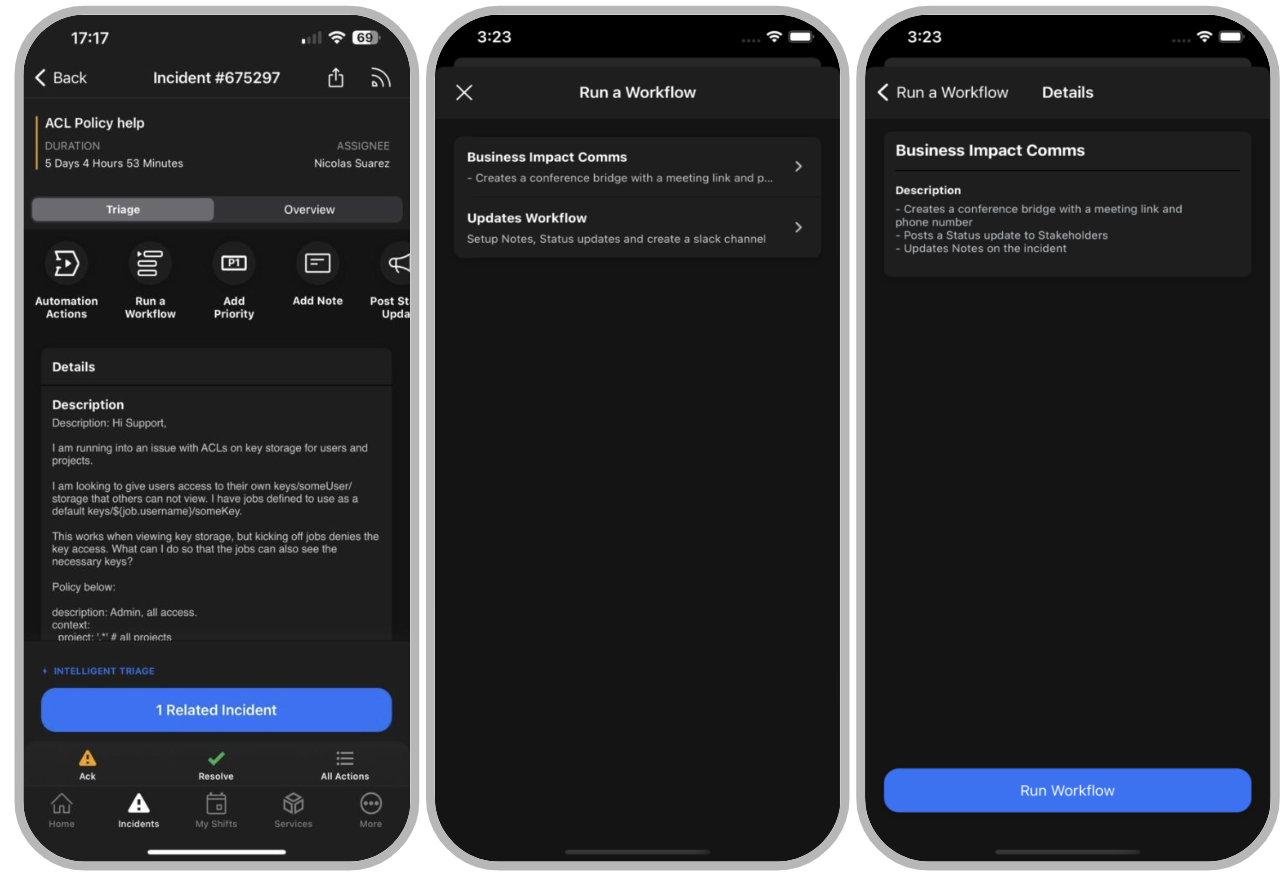 Screenshot of the incident workflows feature on the PagerDuty mobile app